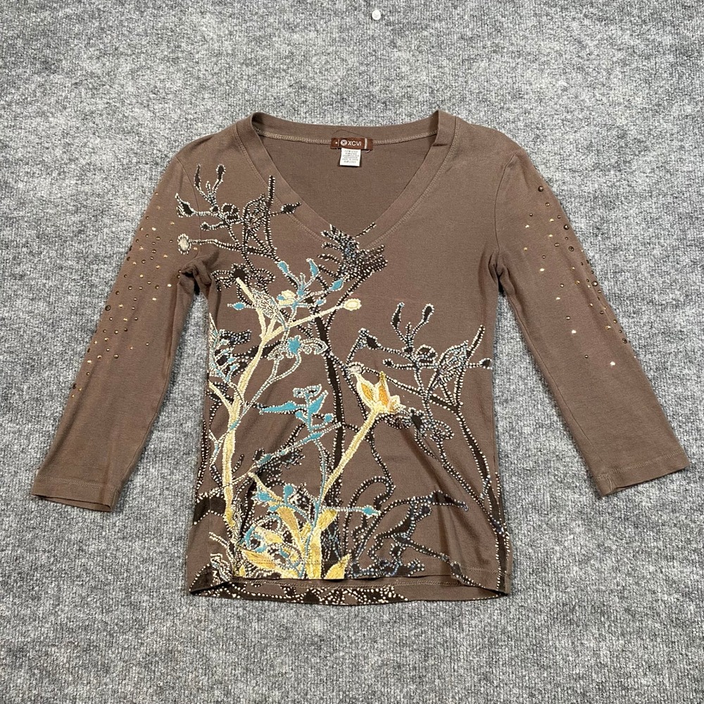 XCVI Brown V-Neck 3/4 Sleeve Embellished Botanical Graphic Top Small 1616-G626